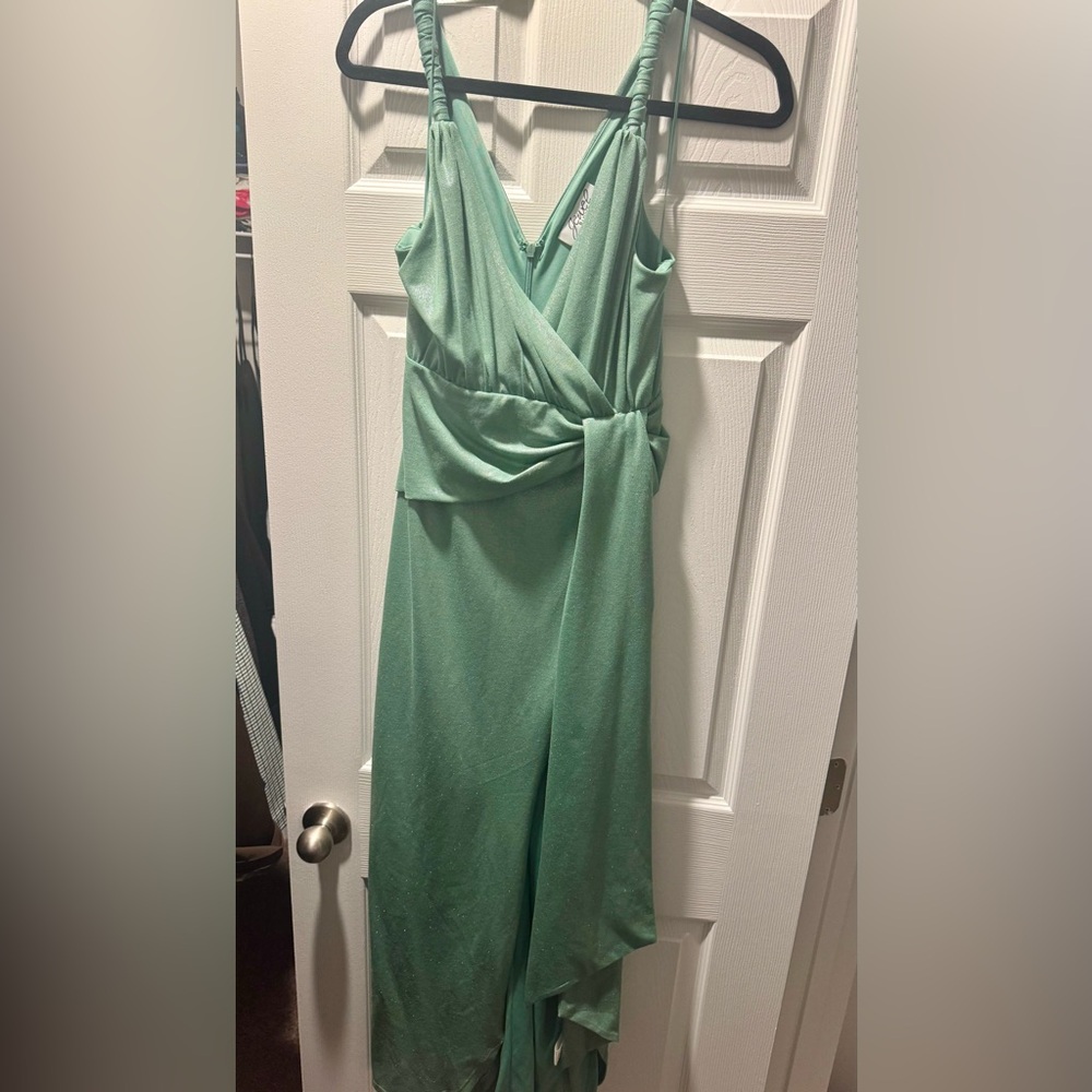 Jewel Badgley Mischka Draped Green Metallic Maxi Dress